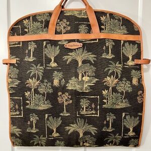 EUC Tommy Bahama Hanging Garment bag, Tapestry Palm Tree design w leather trim
